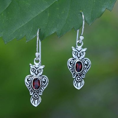 Primary image for Owl-Shaped Sterling Silver Dangle Earrings with Garnet Gems Loving Owl