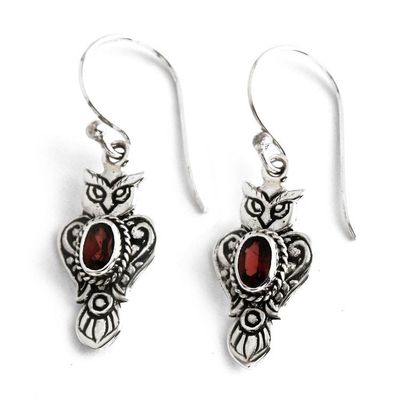 Alternate image for Owl-Shaped Sterling Silver Dangle Earrings with Garnet Gems Loving Owl