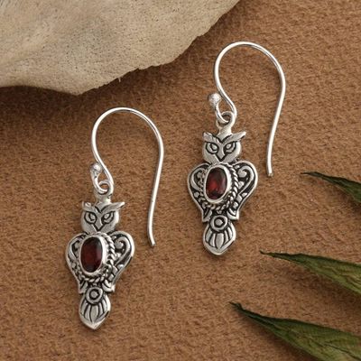 Alternate image for Owl-Shaped Sterling Silver Dangle Earrings with Garnet Gems Loving Owl