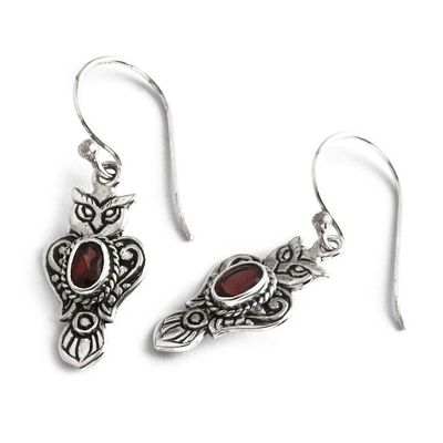 Alternate image for Owl-Shaped Sterling Silver Dangle Earrings with Garnet Gems Loving Owl
