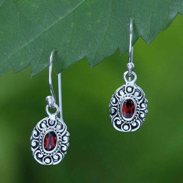 Alternate image for Oxidized and Polished Natural Oval Garnet Dangle Earrings Bali in Love