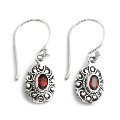 Alternate image for Oxidized and Polished Natural Oval Garnet Dangle Earrings Bali in Love