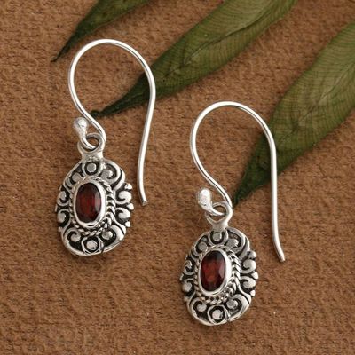 Alternate image for Oxidized and Polished Natural Oval Garnet Dangle Earrings Bali in Love