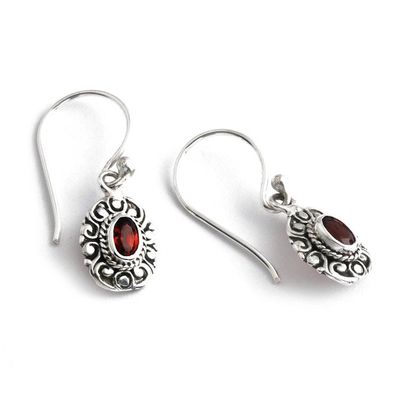 Alternate image for Oxidized and Polished Natural Oval Garnet Dangle Earrings Bali in Love