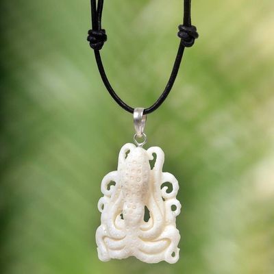 Alternate image for White Octopus Pendant Necklace Hand Carved of Bone White Bali Octopus