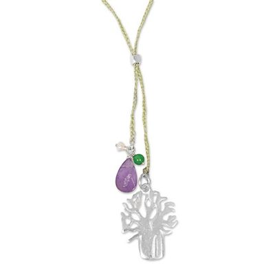 Alternate image for Handmade Lariat Necklace with Amethyst Pearl and Quartz Green Banyan Tree