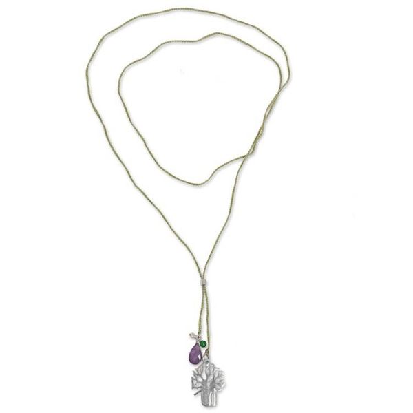 Alternate image for Handmade Lariat Necklace with Amethyst Pearl and Quartz Green Banyan Tree