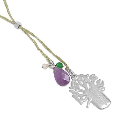 Alternate image for Handmade Lariat Necklace with Amethyst Pearl and Quartz Green Banyan Tree
