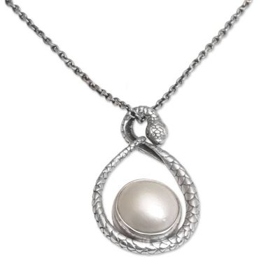 Alternate image for Cultured Pearl and Sterling Silver Snake Pendant Necklace Mother Snake