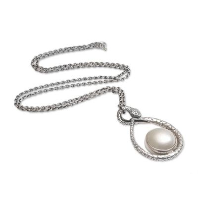 Alternate image for Cultured Pearl and Sterling Silver Snake Pendant Necklace Mother Snake