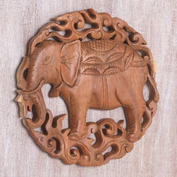 Alternate image for Elephant Themed Wood Wall Relief Panel Palace Elephant
