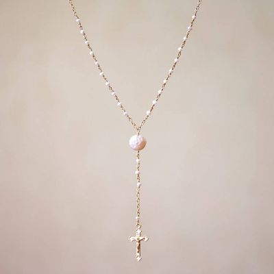Primary image for 22k Gold Plated Cultured Pearl Rosary from Bali Glowing Cross