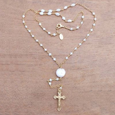 Alternate image for 22k Gold Plated Cultured Pearl Rosary from Bali Glowing Cross