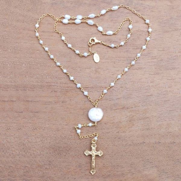 Alternate image for 22k Gold Plated Cultured Pearl Rosary from Bali Glowing Cross