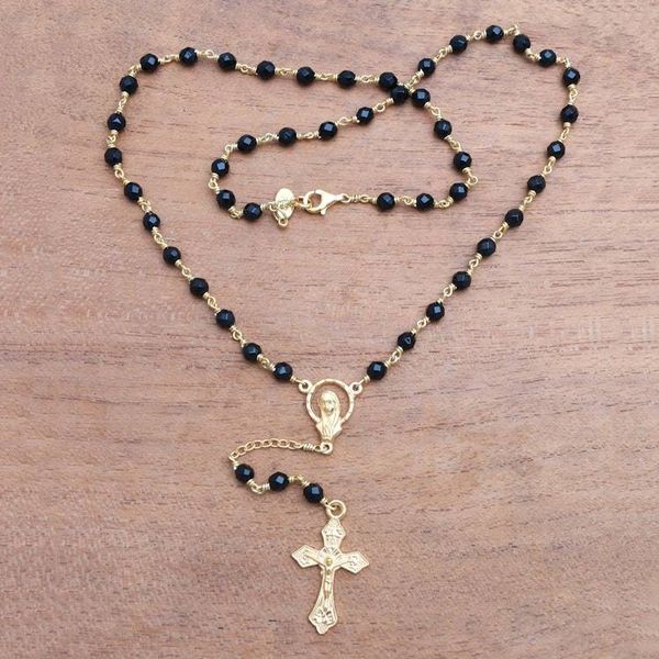Alternate image for Gold Plated Onyx Rosary Crafted in Bali Cross Glimmer