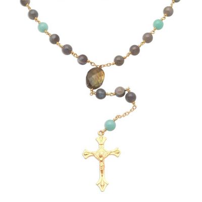 Alternate image for Gold Plated Labradorite and Amazonite Rosary from Bali Fascinating Cross