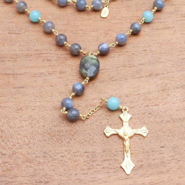 Alternate image for Gold Plated Labradorite and Amazonite Rosary from Bali Fascinating Cross