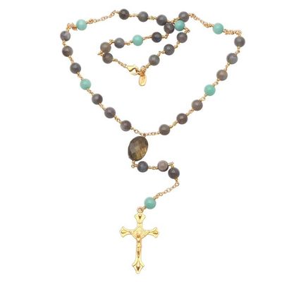Alternate image for Gold Plated Labradorite and Amazonite Rosary from Bali Fascinating Cross