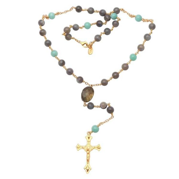 Alternate image for Gold Plated Labradorite and Amazonite Rosary from Bali Fascinating Cross