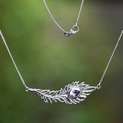 Alternate image for Peacock Feather Pendant Necklace with Pear Amethyst Jewel Royal Feather in Purple