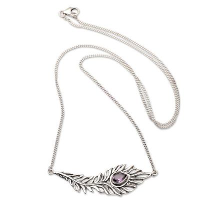 Alternate image for Peacock Feather Pendant Necklace with Pear Amethyst Jewel Royal Feather in Purple