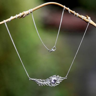 Alternate image for Peacock Feather Pendant Necklace with Pear Amethyst Jewel Royal Feather in Purple