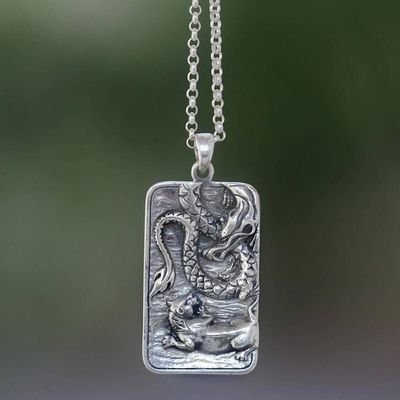 Alternate image for Sterling Silver Dragon and Lion Battle Pendant Necklace Mythical Battle