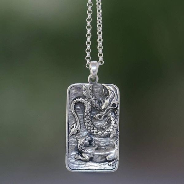 Alternate image for Sterling Silver Dragon and Lion Battle Pendant Necklace Mythical Battle