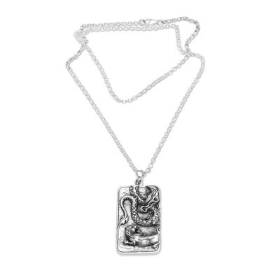 Alternate image for Sterling Silver Dragon and Lion Battle Pendant Necklace Mythical Battle