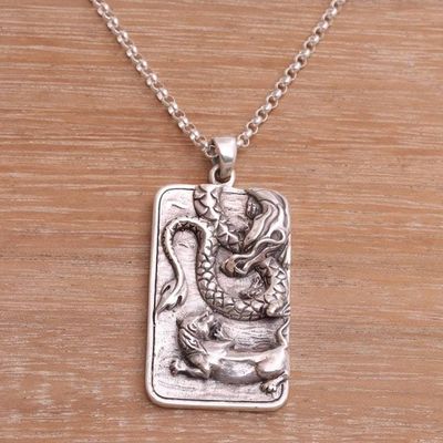 Alternate image for Sterling Silver Dragon and Lion Battle Pendant Necklace Mythical Battle