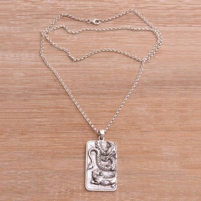 Alternate image for Sterling Silver Dragon and Lion Battle Pendant Necklace Mythical Battle