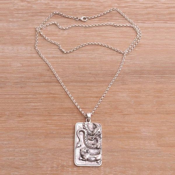 Alternate image for Sterling Silver Dragon and Lion Battle Pendant Necklace Mythical Battle