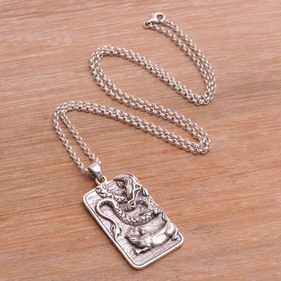 Alternate image for Sterling Silver Dragon and Lion Battle Pendant Necklace Mythical Battle