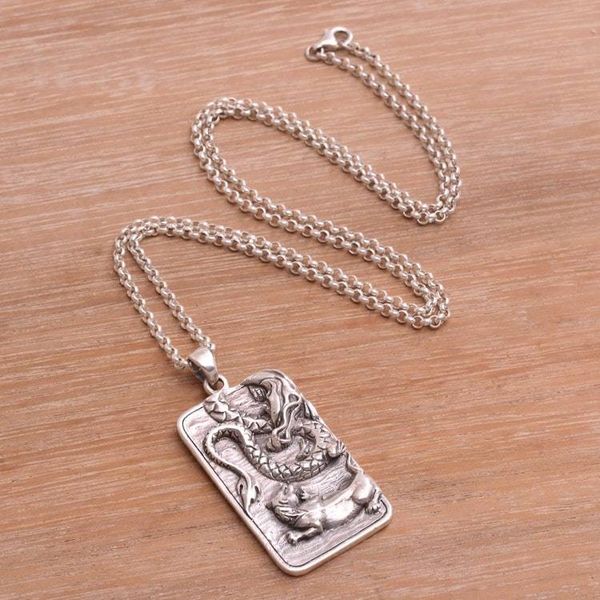 Alternate image for Sterling Silver Dragon and Lion Battle Pendant Necklace Mythical Battle