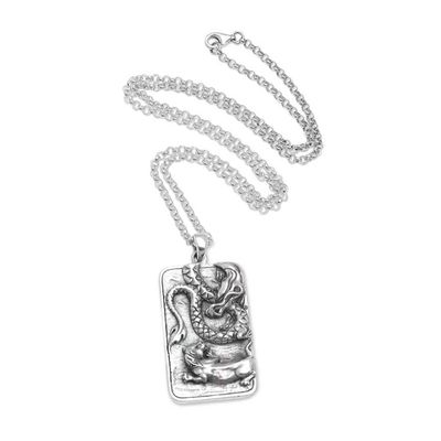Alternate image for Sterling Silver Dragon and Lion Battle Pendant Necklace Mythical Battle