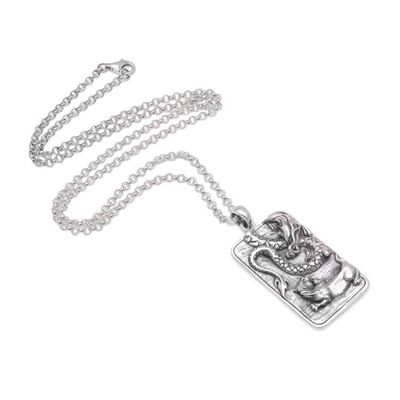 Alternate image for Sterling Silver Dragon and Lion Battle Pendant Necklace Mythical Battle