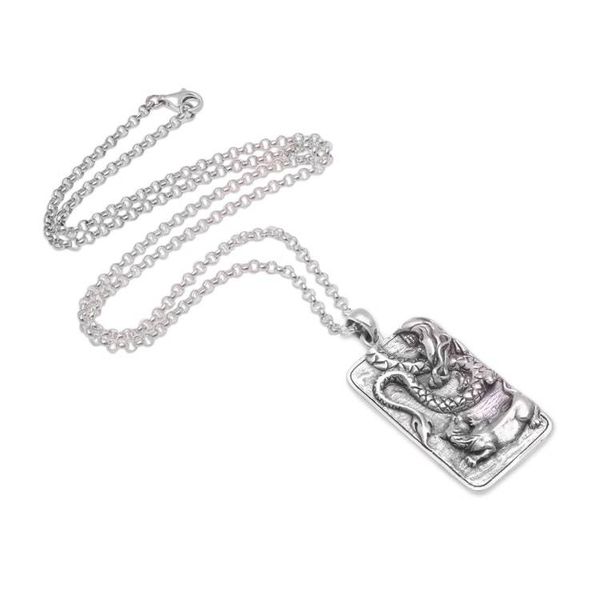 Alternate image for Sterling Silver Dragon and Lion Battle Pendant Necklace Mythical Battle