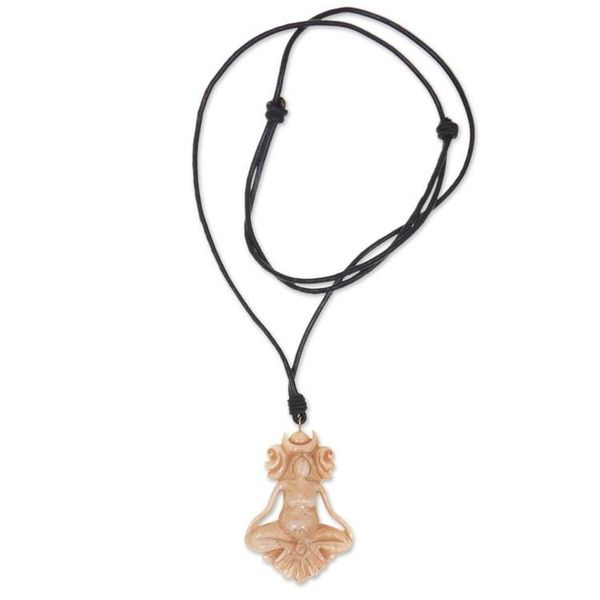 Alternate image for Hand Crafted Cow Bone Pendant on Leather Cord Necklace Serene Meditation