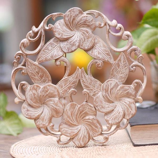 Alternate image for Hand Carved Balinese Plumeria Wreath Relief Panel Plumeria Wreath