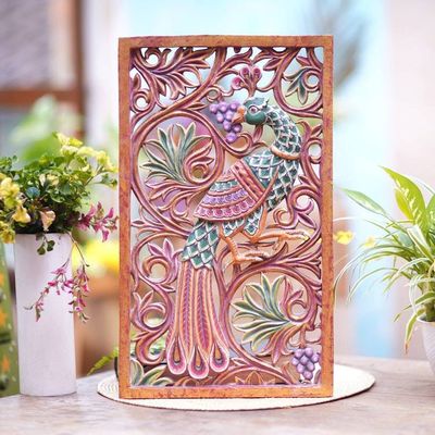 Alternate image for Artisan Handcrafted Wood Relief Panel The Peacock Garden