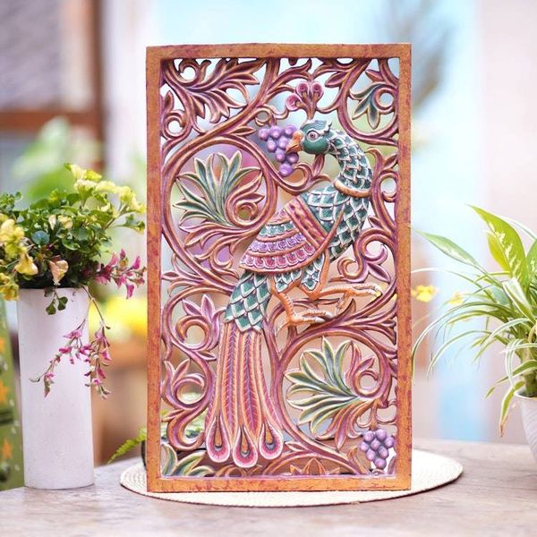 Alternate image for Artisan Handcrafted Wood Relief Panel The Peacock Garden