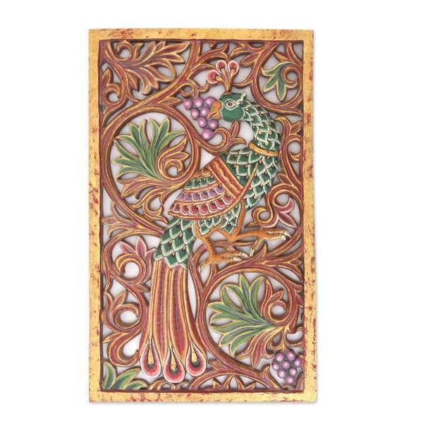 Alternate image for Artisan Handcrafted Wood Relief Panel The Peacock Garden