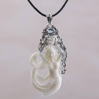 Primary image for Blue Topaz Sterling Silver and Bone Mermaid Pendant Necklace Mermaid Fantasy