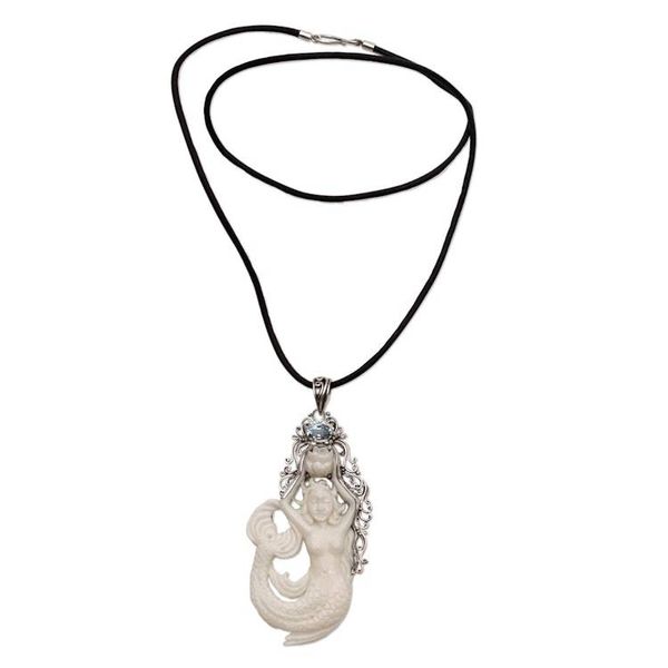 Alternate image for Blue Topaz Sterling Silver and Bone Mermaid Pendant Necklace Mermaid Fantasy