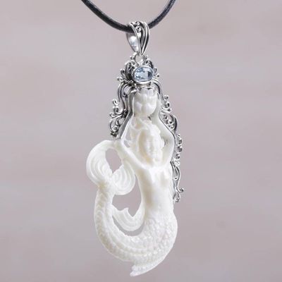 Alternate image for Blue Topaz Sterling Silver and Bone Mermaid Pendant Necklace Mermaid Fantasy