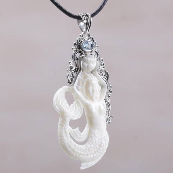 Alternate image for Blue Topaz Sterling Silver and Bone Mermaid Pendant Necklace Mermaid Fantasy