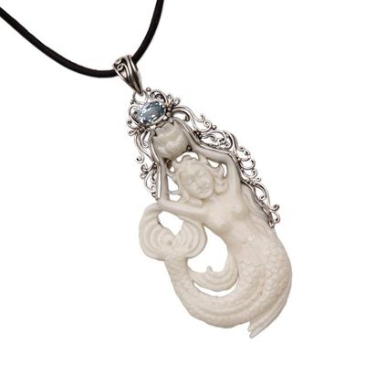 Alternate image for Blue Topaz Sterling Silver and Bone Mermaid Pendant Necklace Mermaid Fantasy