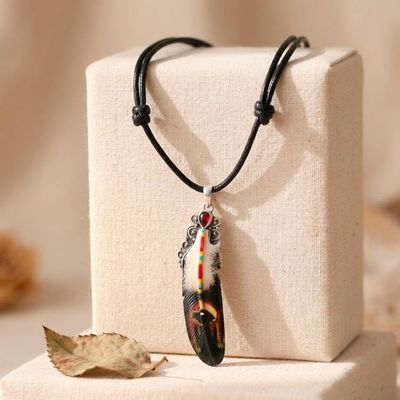 Alternate image for Feather-Shaped Adjustable Pendant Necklace with Pear Garnet Feather of Passion
