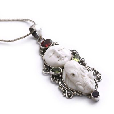 Alternate image for Elephant Moon-Themed Garnet Peridot Amethyst Silver Necklace Elephant and Moon