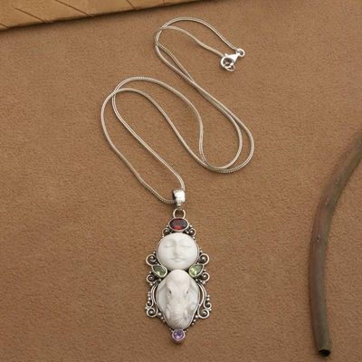 Alternate image for Elephant Moon-Themed Garnet Peridot Amethyst Silver Necklace Elephant and Moon